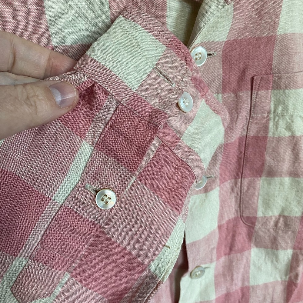 Ralph Lauren women’s Linen pink cream plaid Gingham Button Down Shirt Size 8 - Picture 2 of 5